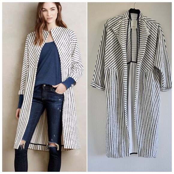 Anthropologie Jackets & Blazers - Anthropologie Elevenses Striped Open Front Long Cardigan Jacket White Navy Sz S